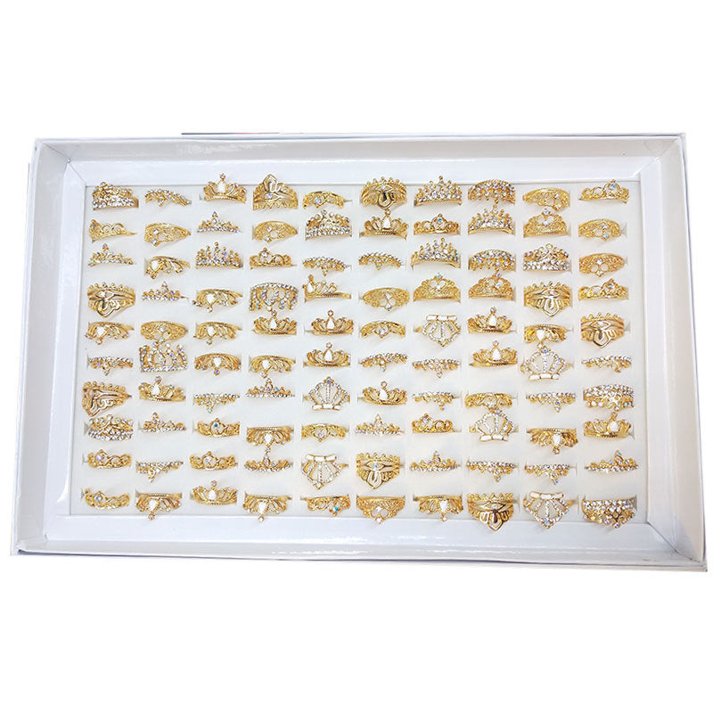 100pcs/ Box Mixed Rhinestone Crown Rings
