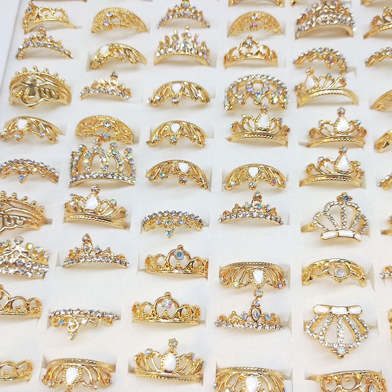 100pcs/ Box Mixed Rhinestone Crown Rings
