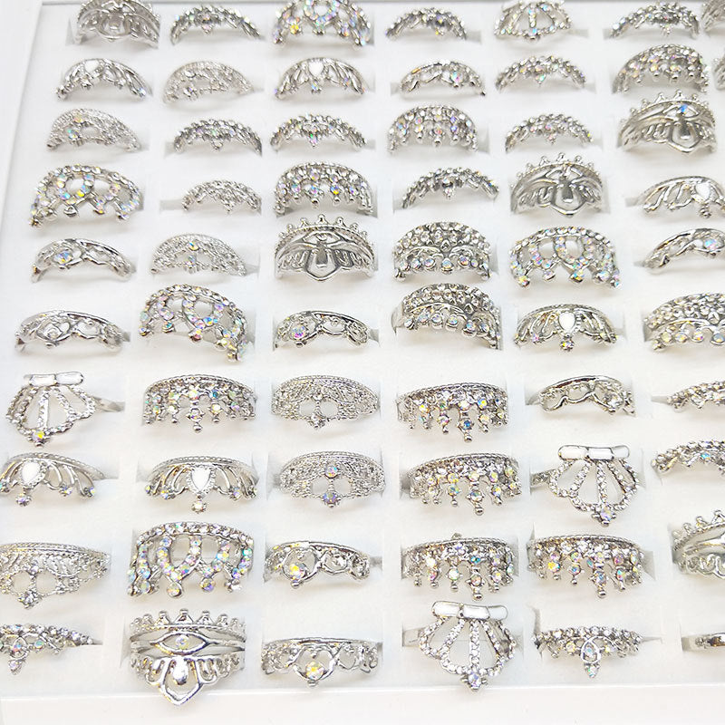100pcs/ Box Mixed Rhinestone Crown Rings