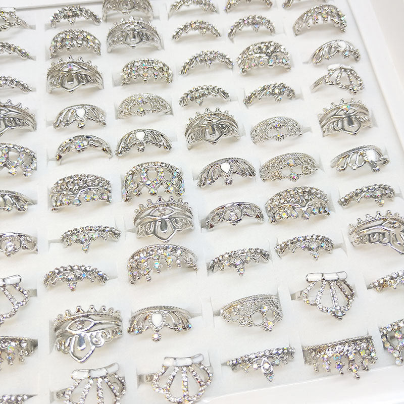 100pcs/ Box Mixed Rhinestone Crown Rings