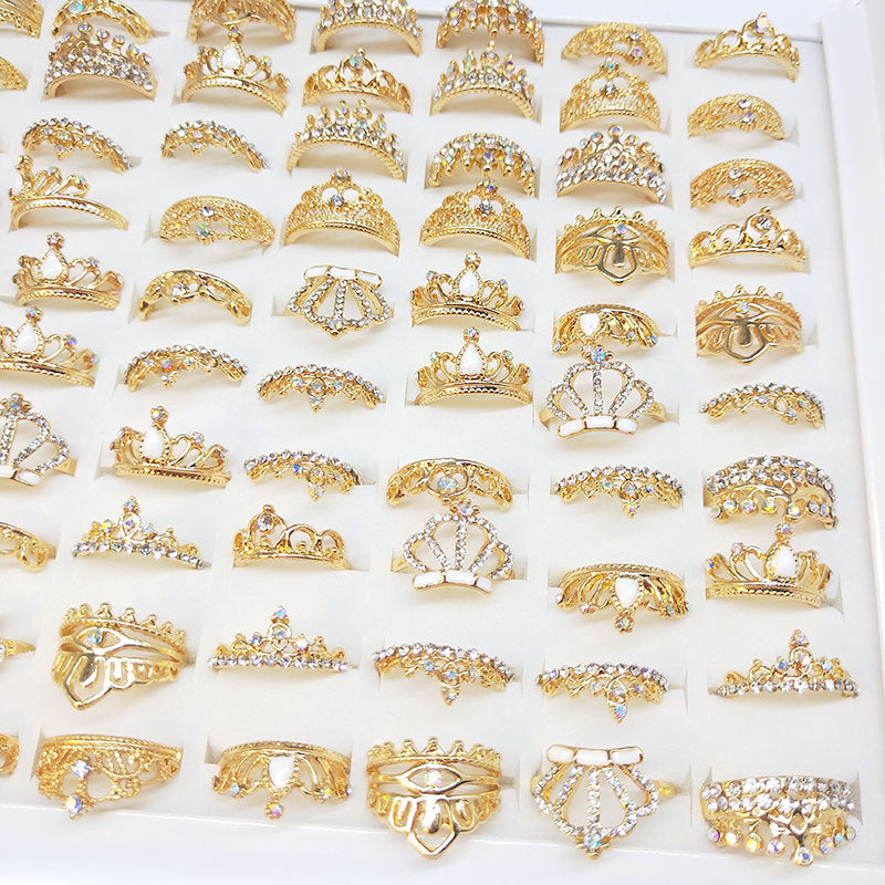 100pcs/ Box Mixed Rhinestone Crown Rings