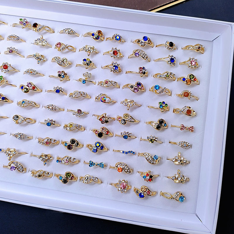 100pcs/ Box Mixed Rhinestone Rings