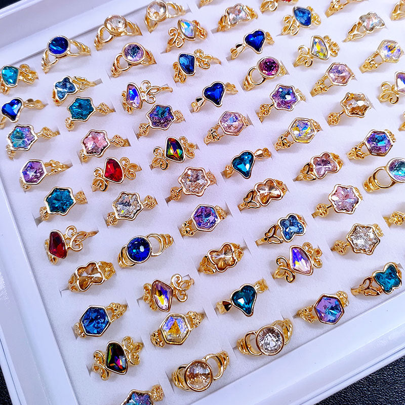 100pcs/ Box Mixed Colored Glass Women's Rings
