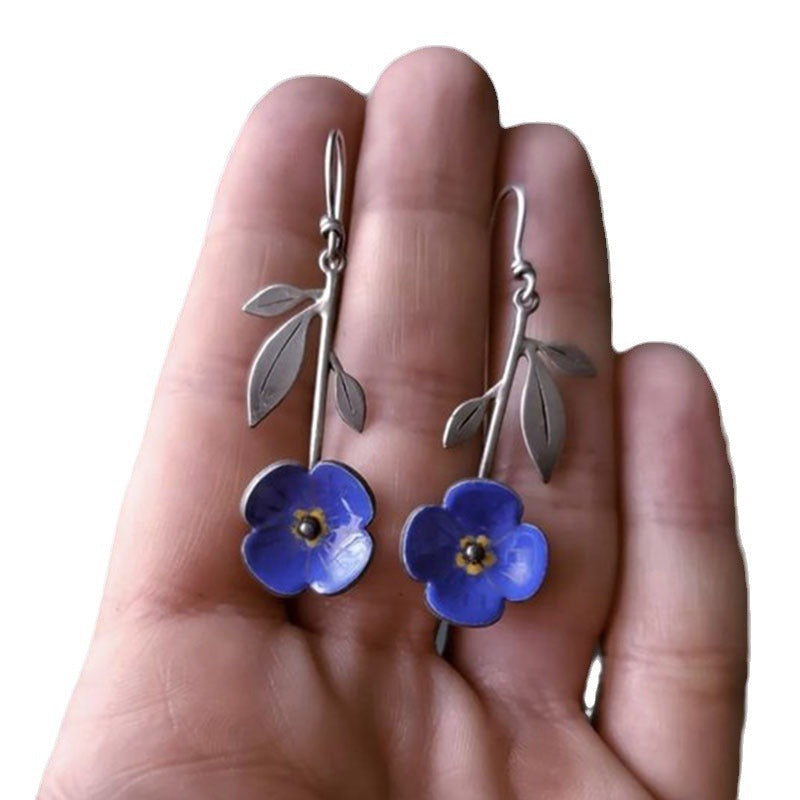 Navy blue flower earrings plant leaf handmade earrings