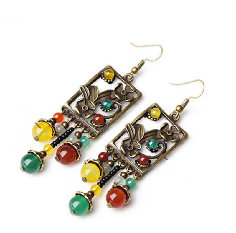 Chinoiserie Agate Glass Beaded Flower Dangle Earrings