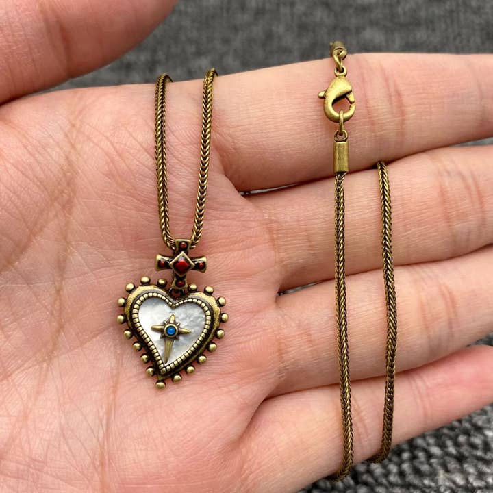 Babylon Style Cross & Shell Heart Charm Necklace