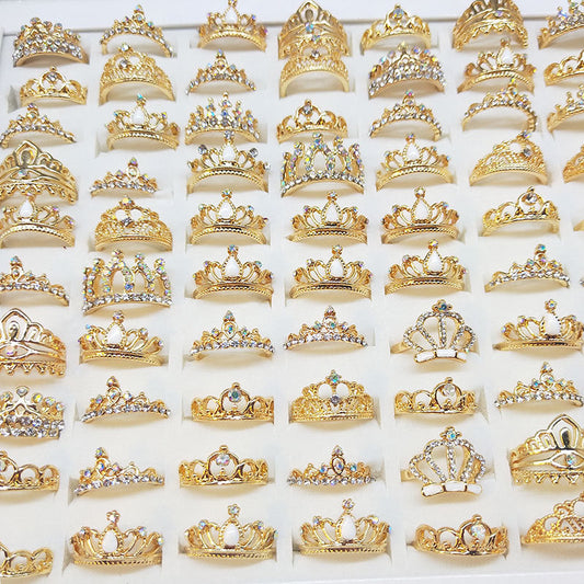 100pcs/ Box Mixed Rhinestone Crown Rings