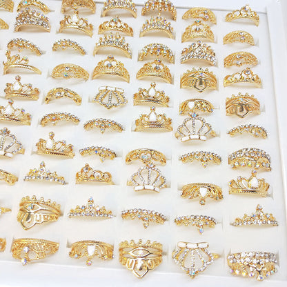 100pcs/ Box Mixed Rhinestone Crown Rings
