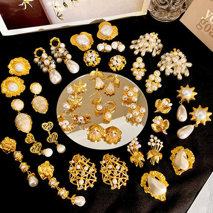 Vintage Gold Pearl Earrings Tassel Stud Earrings No Piercing Ear Clip