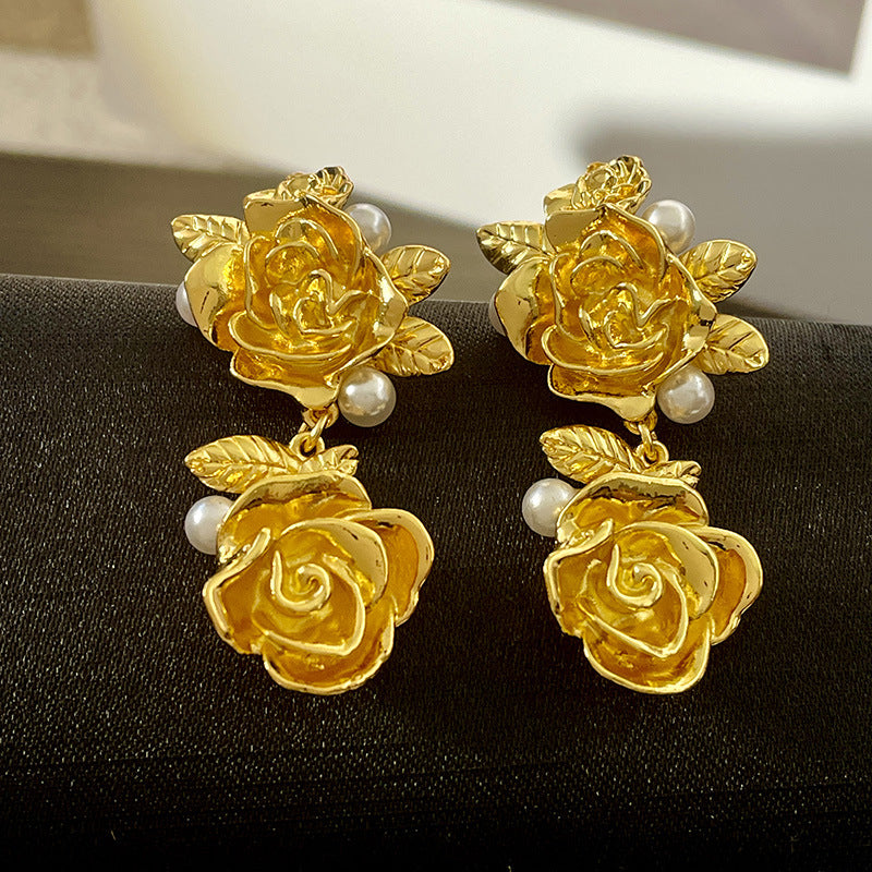 Vintage Gold Pearl Earrings Tassel Stud Earrings No Piercing Ear Clip