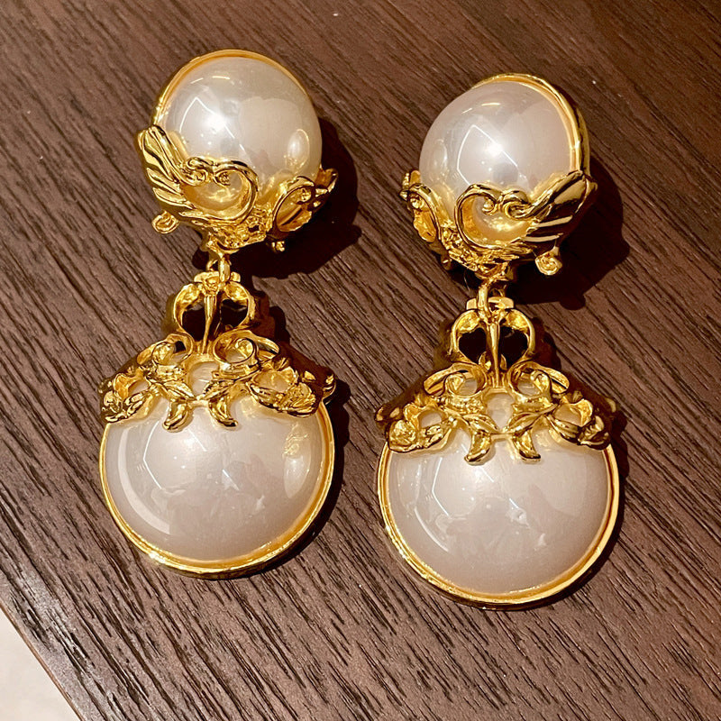Vintage Gold Pearl Earrings Tassel Stud Earrings No Piercing Ear Clip