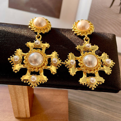 Vintage Gold Pearl Earrings Tassel Stud Earrings No Piercing Ear Clip