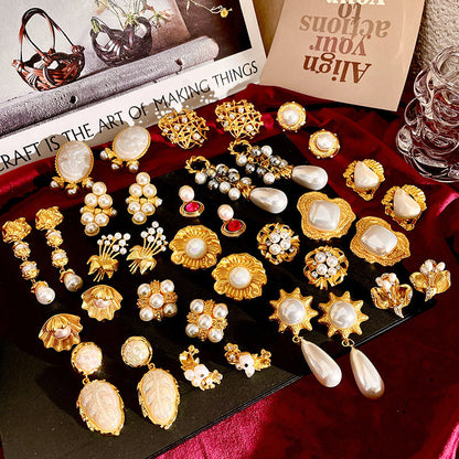 Vintage Gold Pearl Earrings Tassel Stud Earrings No Piercing Ear Clip