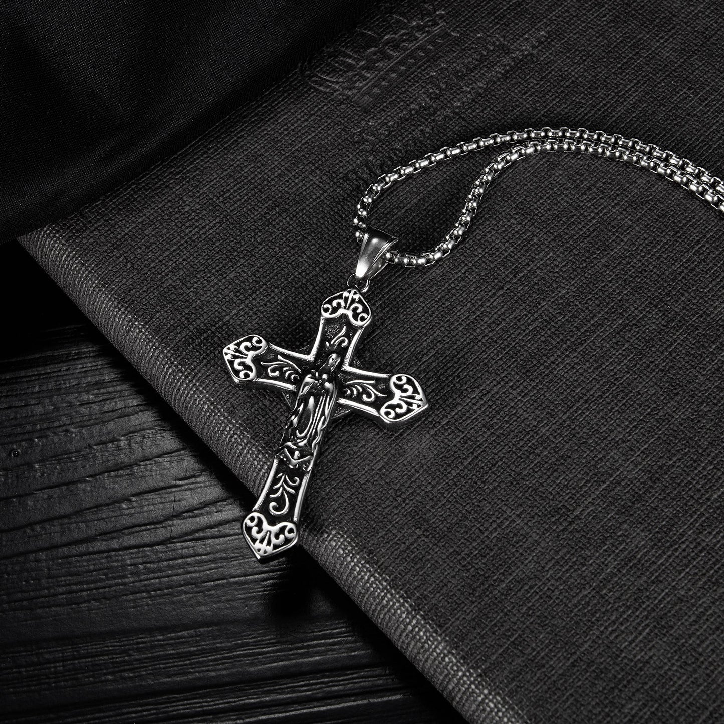 Blessed Virgin Mary Stainless Steel Cross Pendant Necklace- Mj/Mnp