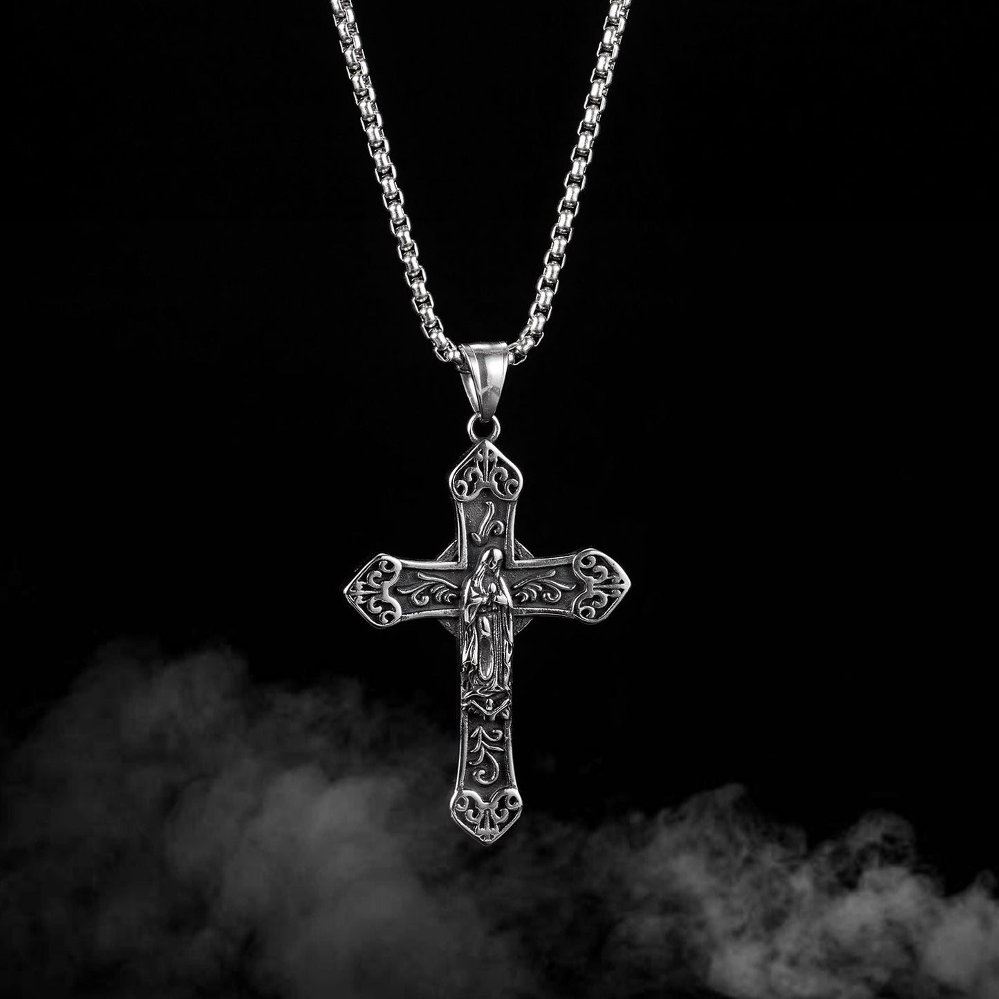 Blessed Virgin Mary Stainless Steel Cross Pendant Necklace- Mj/Mnp