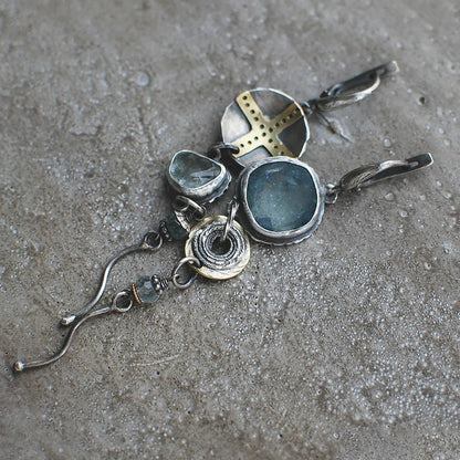 Blue stone cross round metal vintage earrings