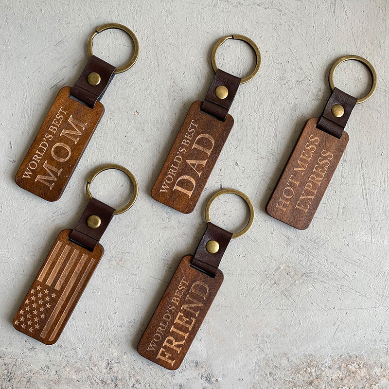 Leather Wood Pendant Keychain