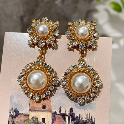 Vintage Gold Pearl Earrings Tassel Stud Earrings No Piercing Ear Clip