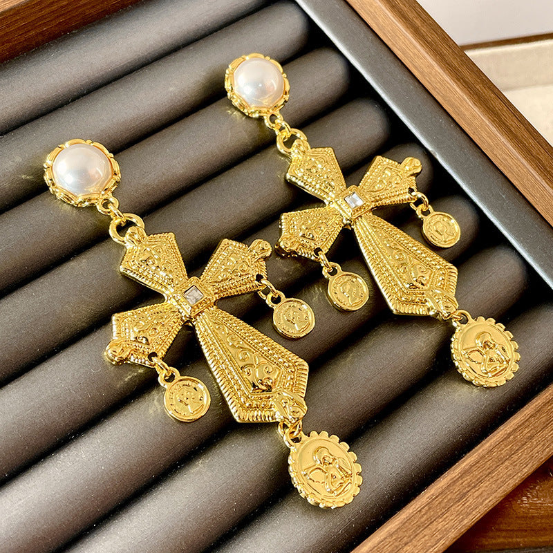 Vintage Gold Pearl Earrings Tassel Stud Earrings No Piercing Ear Clip