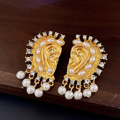 Vintage Gold Pearl Earrings Tassel Stud Earrings No Piercing Ear Clip