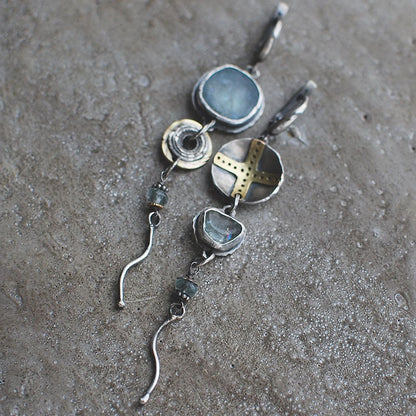 Blue stone cross round metal vintage earrings