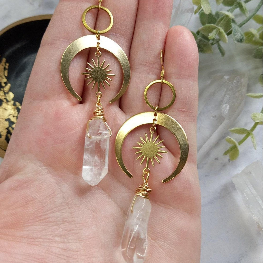 Quartz Moon and Sun Earrings