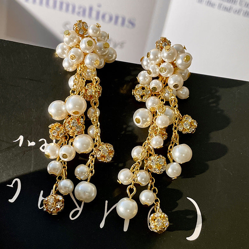 Vintage Gold Pearl Earrings Tassel Stud Earrings No Piercing Ear Clip