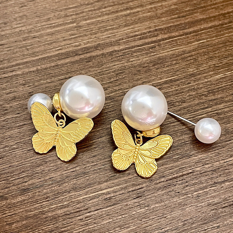 Vintage Gold Pearl Earrings Tassel Stud Earrings No Piercing Ear Clip