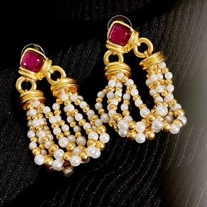 Vintage Gold Pearl Earrings Tassel Stud Earrings No Piercing Ear Clip