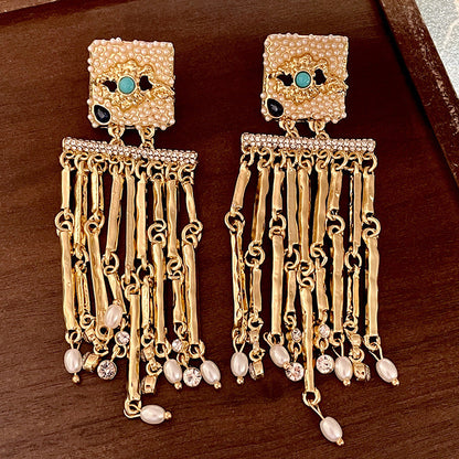 Vintage Gold Pearl Earrings Tassel Stud Earrings No Piercing Ear Clip