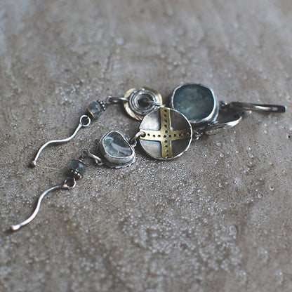 Blue stone cross round metal vintage earrings