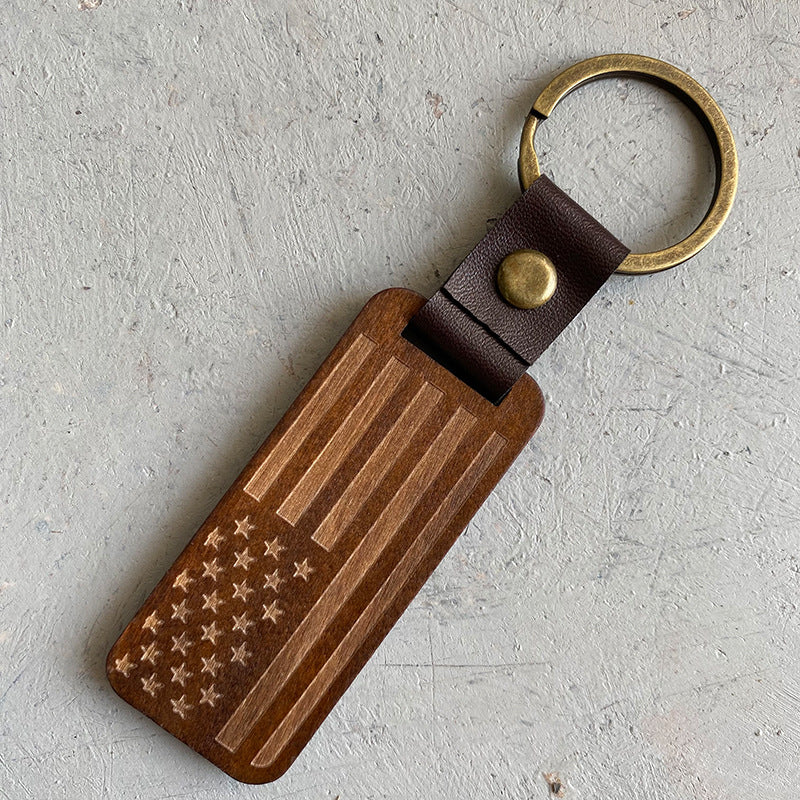 Leather Wood Pendant Keychain