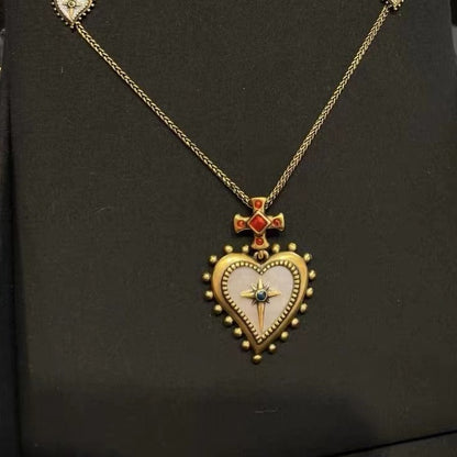 Babylon Style Cross & Shell Heart Charm Necklace