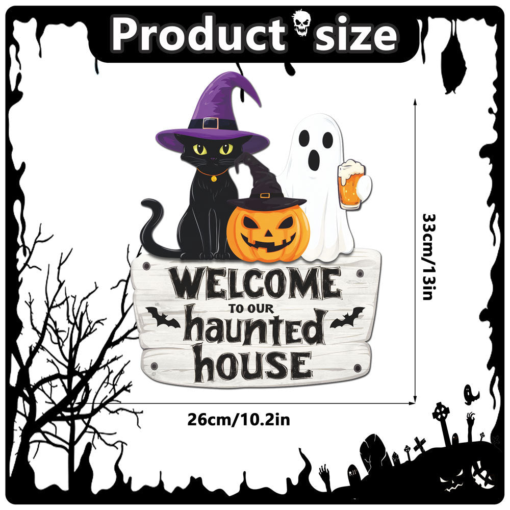 Halloween Decorations PP Hanging Sign,Welcome To Our Haunted House Door Hanger Sign For Outdoor Home Farmhouse Wall Window Yard,Party Supplies Halloween