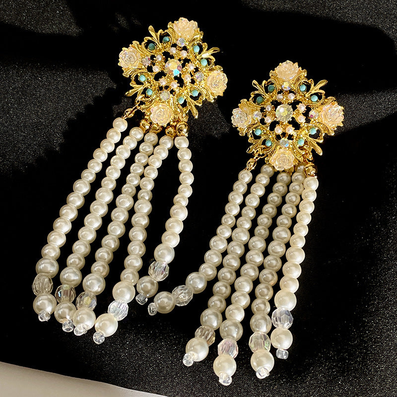 Vintage Gold Pearl Earrings Tassel Stud Earrings No Piercing Ear Clip