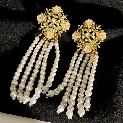 Vintage Gold Pearl Earrings Tassel Stud Earrings No Piercing Ear Clip