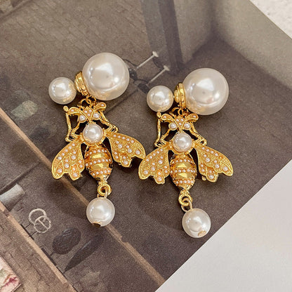 Vintage Gold Pearl Earrings Tassel Stud Earrings No Piercing Ear Clip