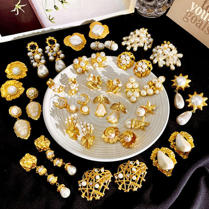 Vintage Gold Pearl Earrings Tassel Stud Earrings No Piercing Ear Clip