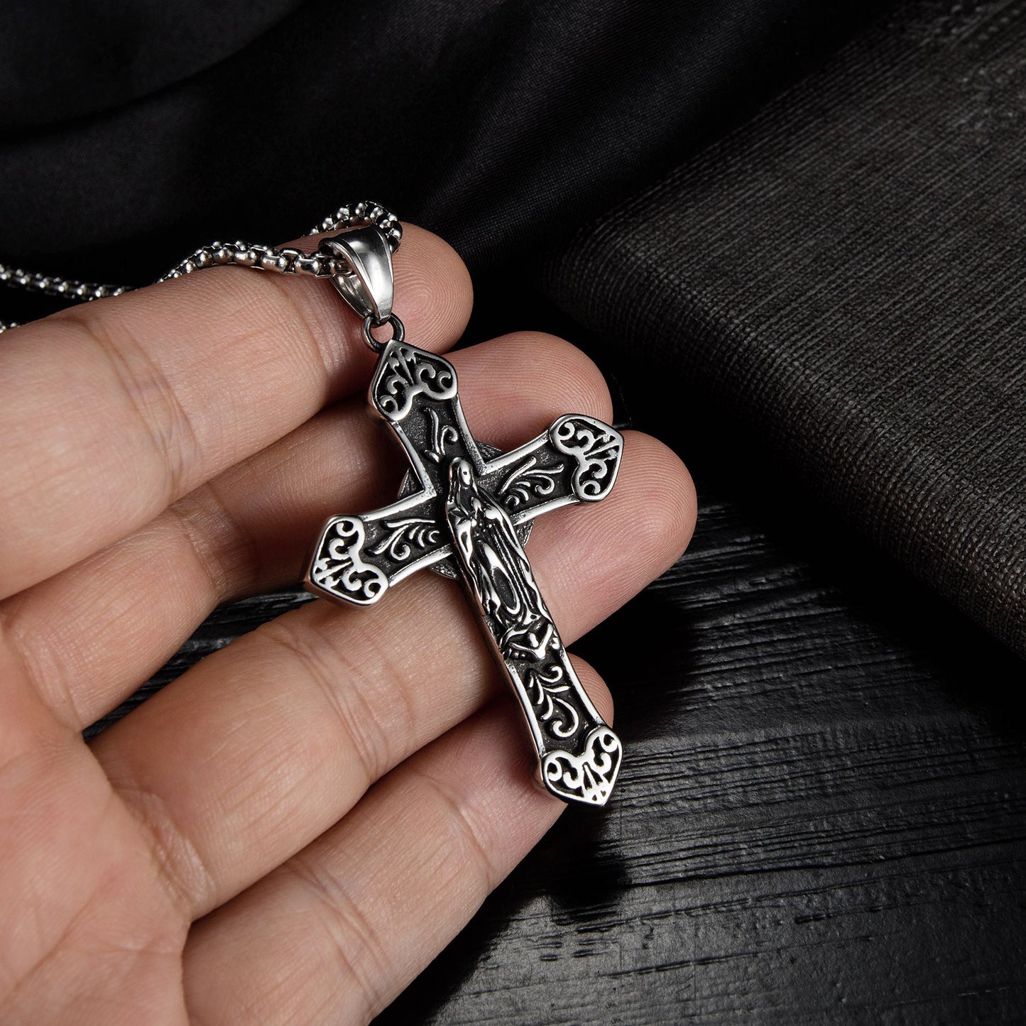 Blessed Virgin Mary Stainless Steel Cross Pendant Necklace- Mj/Mnp