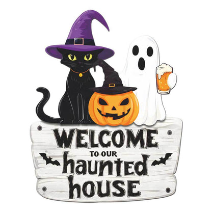 Halloween Decorations PP Hanging Sign,Welcome To Our Haunted House Door Hanger Sign For Outdoor Home Farmhouse Wall Window Yard,Party Supplies Halloween