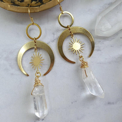 Quartz Moon and Sun Earrings