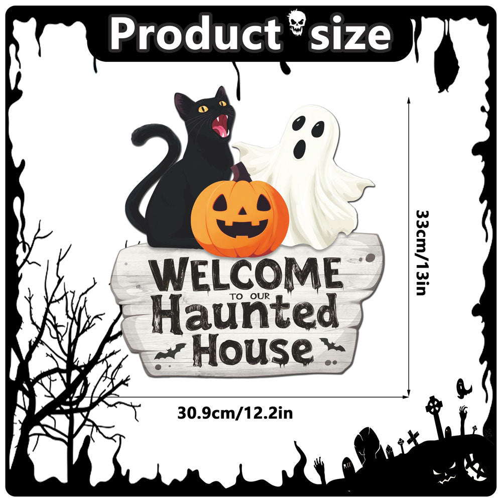 Halloween Decorations PP Hanging Sign,Welcome To Our Haunted House Door Hanger Sign For Outdoor Home Farmhouse Wall Window Yard,Party Supplies Halloween
