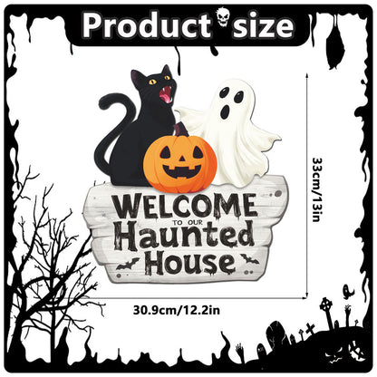 Halloween Decorations PP Hanging Sign,Welcome To Our Haunted House Door Hanger Sign For Outdoor Home Farmhouse Wall Window Yard,Party Supplies Halloween