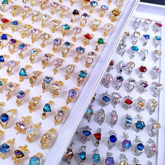 100pcs/ Box Mixed Colored Glass Women's Rings